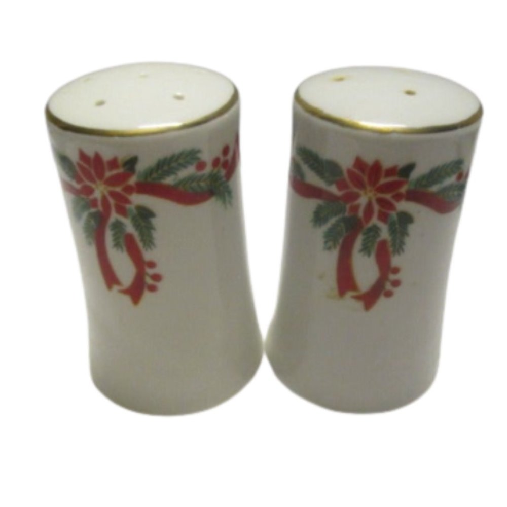 TIENSHAN Poinsettia and Ribbons Fine China Salt And Pepper Shakers Christmas